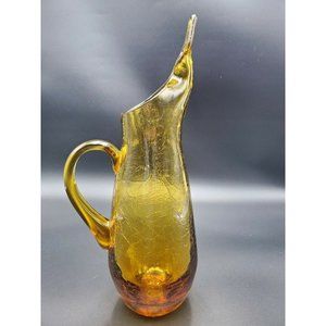 Vintage Mid Century Modern Amber Hand Blown Crackle Glass Pitcher w/ Long Spout